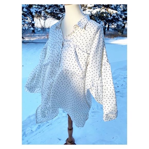 DH3 Button Down Cream Print Blouse Top 3/4 Sleeve Ditzy Floral Sz XL - Picture 11 of 13